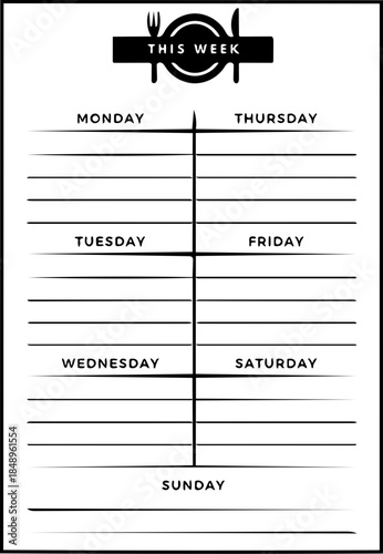 Minimalist black and white weekly meal planner template with ample space for organizing daily food intake and grocery lists for efficient home management