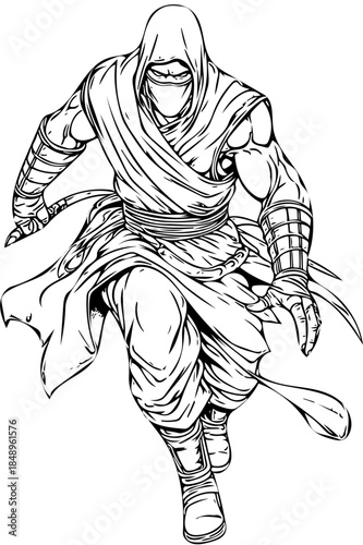 Mysterious hooded figure in a dynamic action pose, illustrated in a bold black and white sketch style