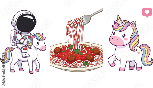 Cute cartoon illustration set with astronaut riding unicorn, spaghetti meatballs food icon, and kawaii unicorn character flat vector design for kids and playful projects