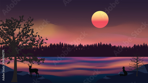 Minimalist sunset over lake with deer and fox and colorful sky in forest silhouette
