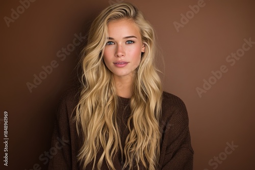 Skincare editorial shoot of blonde model with long hair against brown background radiant skin natural beauty fresh complexion professional styling high quality sharp focus