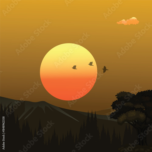 Minimalist sunset over mountains with birds flying and lone tree on foreground nature background