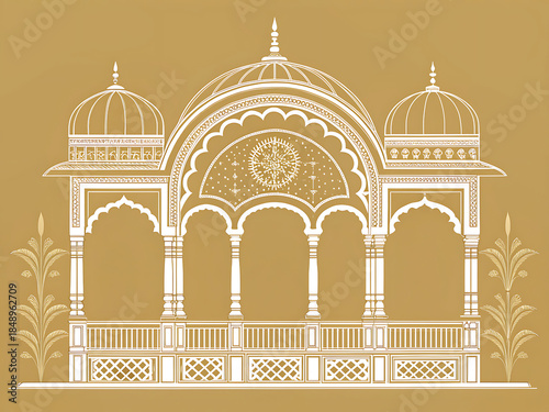 Indian royal balcony architecture, simplified vector, muted gold background