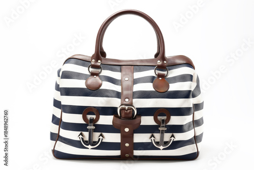 Striped navy and white beach tote bag with nautical themes on white background, empty space