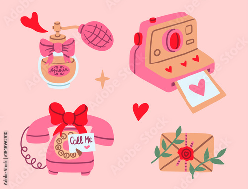 Flat style Valentine love message set with vintage perfume bottle, instant camera, rotary phone, and sealed envelope, perfect for romantic cards, social media, and cute communication-themed designs.