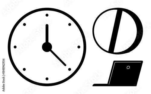 Time management, productivity, digital planning, scheduling, business tools, remote work. Black circular clock, half calendar and laptop in linear layout. Time management and productivity
