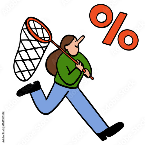 Woman chasing discounts with a scoop net