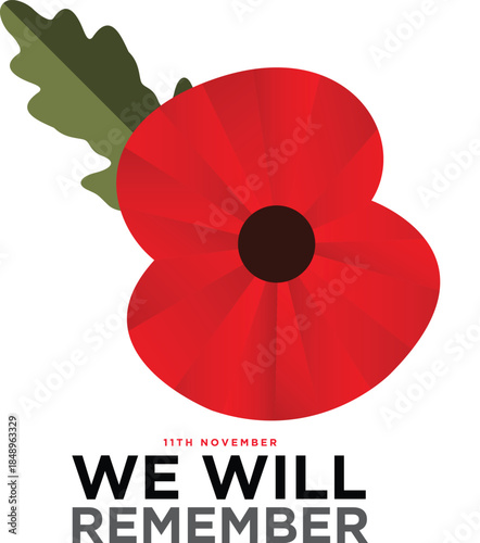 The remembrance poppy - poppy appeal. Modern paper design isolated on white. Decorative vector flower for Remembrance Day, Memorial Day, Anzac Day in New Zealand, Australia, Canada and Great Britain.