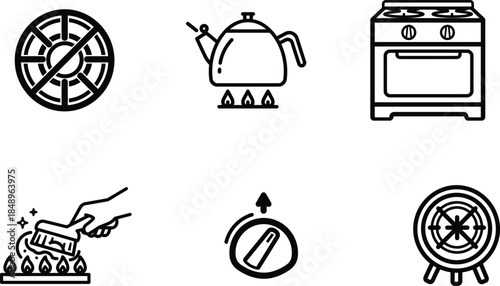 Black and white line drawing kitchen icons set with stove kettle and timer