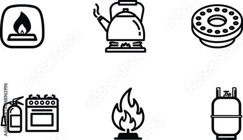 black and white line drawing of various kitchen appliances and fire symbols