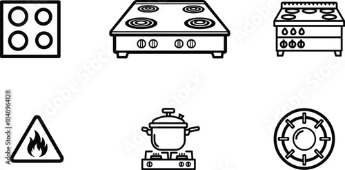 black and white line drawings of various kitchen stove tops and cooking related items