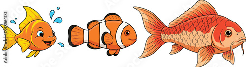 Cute fish illustration set with smiling cartoon fish clownfish and realistic koi style flat vector design isolated on white background for kids and aquatic projects