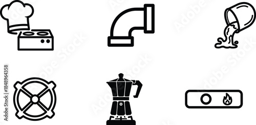 Black and white line icons of kitchen and industrial objects