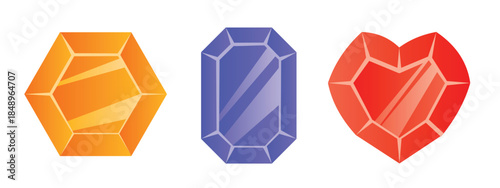 Three shiny gemstones of different shapes. Vector illustration isolated on a white background