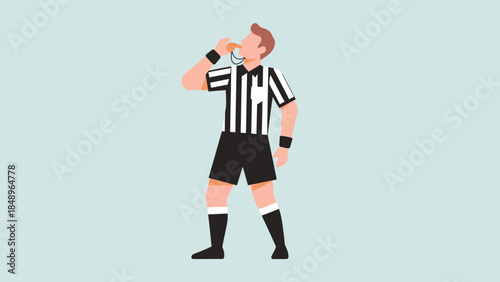 Male soccer football referee blowing a whistle to signal a foul or stoppage during a match on a light blue background.