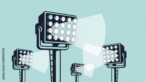 Powerful stadium floodlights illuminating a sports arena at night with bright beams of light on a light blue background.