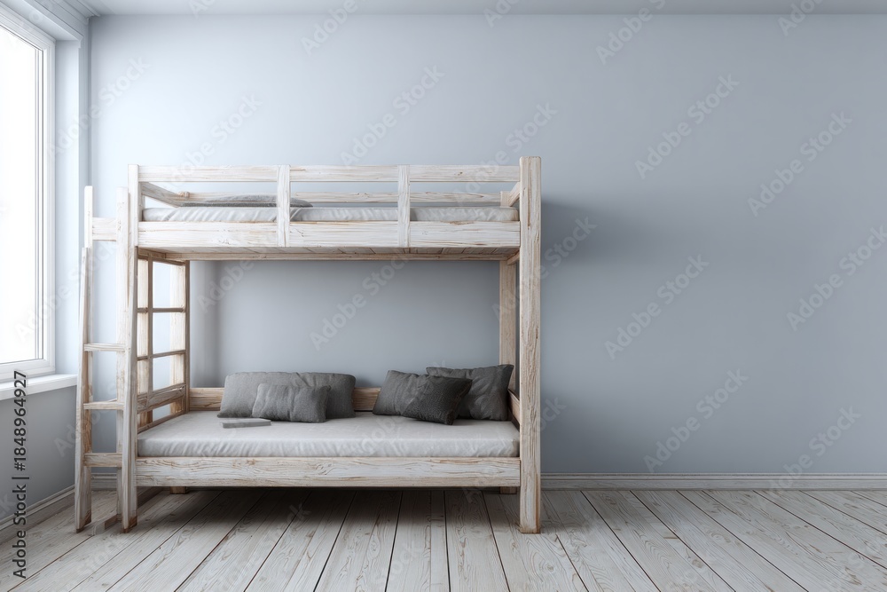 Fototapeta premium Wooden bunk bed situated in an empty room with pale blue walls and light flooring