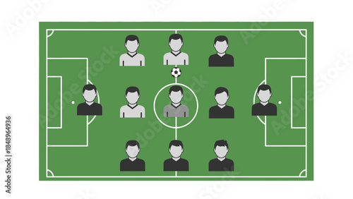 Top-down view of a football (soccer) team formation on a green field, showing player positions and strategy.
