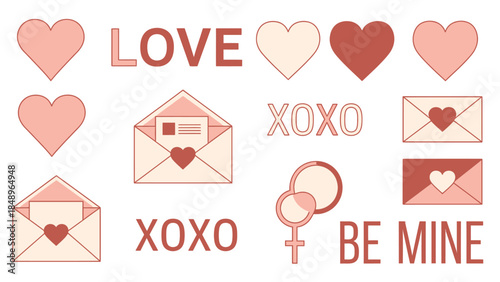 Collection of romantic symbols including hearts, love letters, XOXO, and "BE MINE" text, isolated white background.