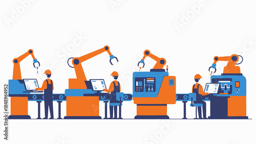 Workers managing robotic arms on an assembly line in a modern factory setting, showcasing industrial automation.