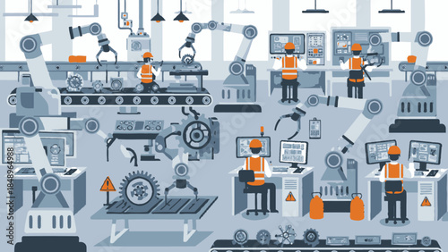 Workers operating industrial machinery and conveyor belts in a busy factory interior, showing manufacturing processes.