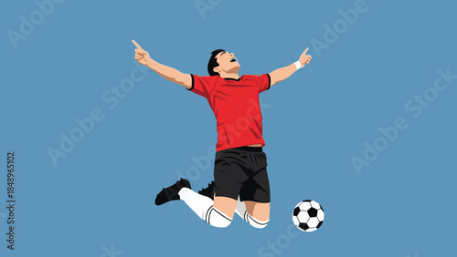 Joyful Male Soccer Player Celebrating Goal by Jumping with Arms Open on Blue Background