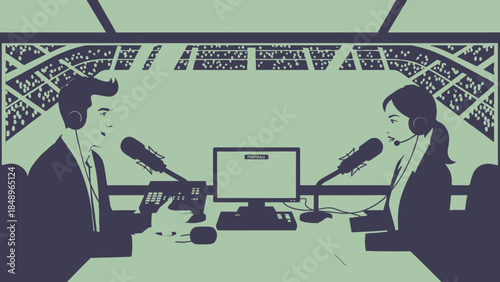 Professional sports commentators, a male and female, broadcasting a game from a stadium booth with microphones and screens.