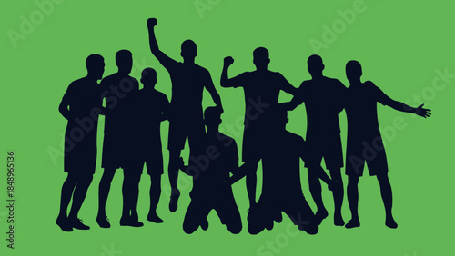 Silhouette of a winning soccer team or enthusiastic fans celebrating victory with raised arms on a green background.