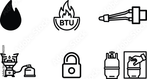 Black and white line icons related to gas and fire safety and equipment