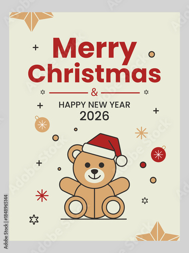 Festive Christmas & New Year Greeting Card – Cute Santa Bear Illustration Flyer Design
