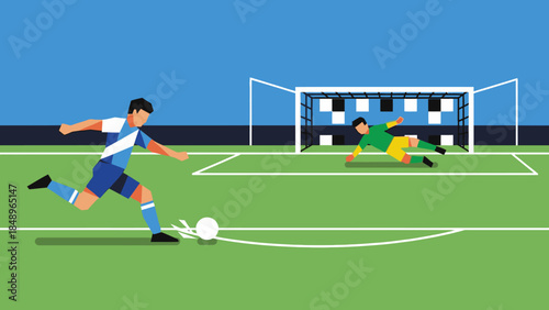 Intense moment of a soccer player taking a penalty kick against a diving goalkeeper on a green football field.