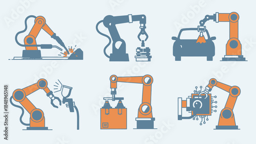 Industrial robotic arms performing various tasks like welding, lifting, and assembly, showcasing modern automation on a light background.