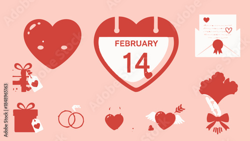 Romantic Valentine's Day collection with calendar showing February 14, heart symbols, gifts, and flowers on a pink background.