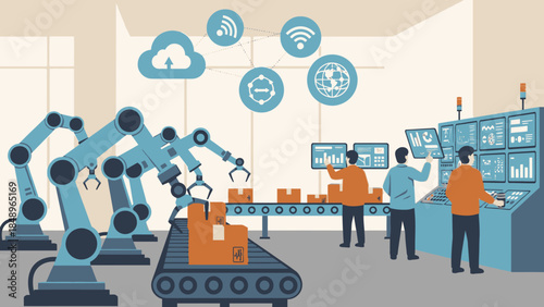 Factory workers managing industrial robots on an automated assembly line with smart technology and cloud connectivity icons in a modern plant.