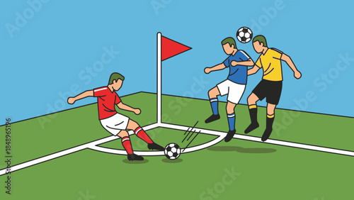 Soccer players competing for the ball during a dynamic corner kick in a football match on a green field.