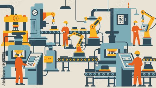 Workers and industrial robots collaborating on a manufacturing assembly line in a modern smart factory.