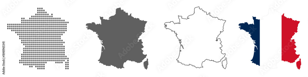 Fototapeta premium France Map Set with Dot, Silhouette, Outline and Flag Vector