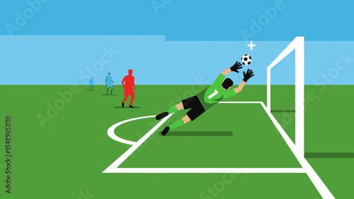 Vector illustration of a green soccer football field with a ball and player silhouettes for a competitive sports match or table foosball game