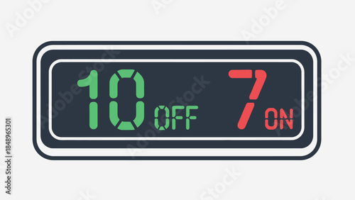 Digital timer display showing 10 OFF and 7 ON, indicating time intervals or a system status, in a simple light background.