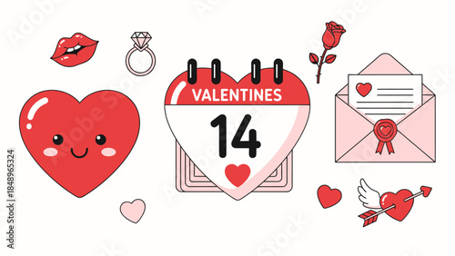 Collection of Valentine's Day icons including a cute heart, calendar with February 14, love letter, engagement ring, and red rose on an isolated white background.
