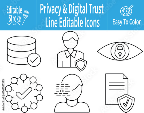 Privacy and Digital Trust Line Icons featuring Data Consent, Secure Identity, Privacy Lock, Trusted Network, Data Anonymization, and Compliance Approval