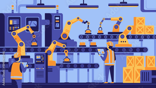 Modern automated factory production line with industrial robotic arms and workers supervising assembly in a busy manufacturing environment.