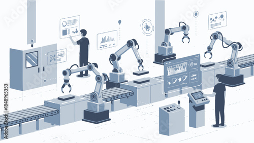 Smart Factory Automation with Robotic Arms and Engineers on Production Line, Isolated White Background
