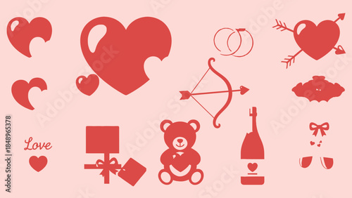 Vector illustration set of romantic Valentine's Day icons featuring pink hearts, flowers, and fashion patterns for wedding celebration art and holiday card design
