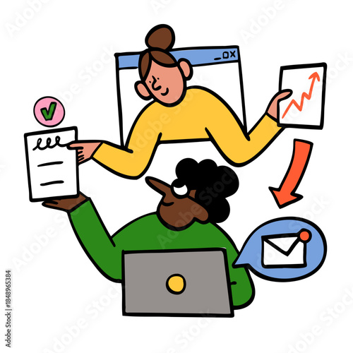 Two remote colleagues exchanging documents and messages, Online collaboration workflow