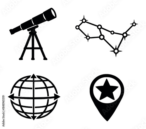Astronomy icons: telescope, constellation, globe, star map marker on gradient background