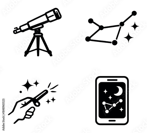 Astronomy icons: telescope, constellation, magic wand, smartphone