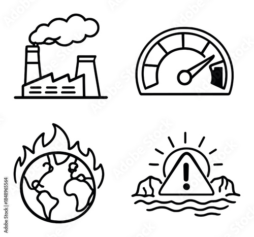 Environmental icons depicting pollution, climate change, and global warming concerns