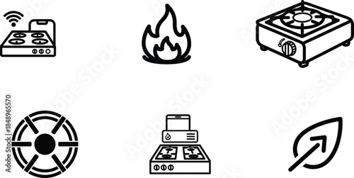 Black line icons of kitchen appliances and flame on white background