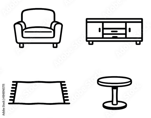 Minimalist furniture icons featuring armchair, cabinet, rug, and round table on grey background